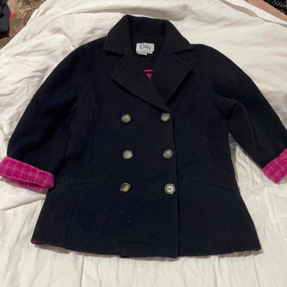 Lilly Pulitzer 6 black pea coat wool double breasted hot pink accents guc